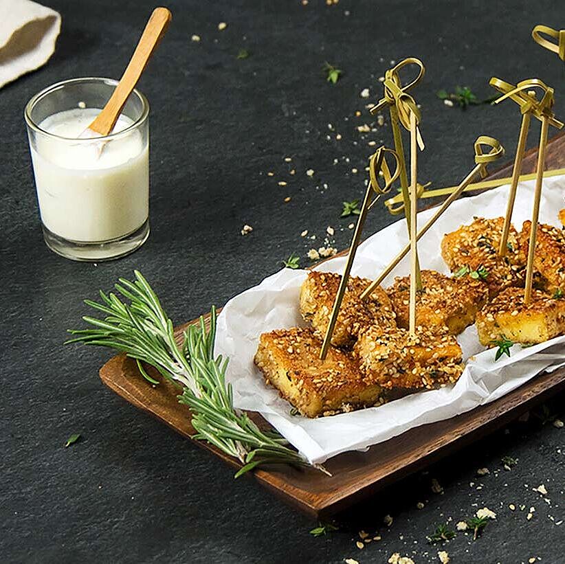 Grillkäse in einer Kräuter-Sesam-Hülle mit Aioli